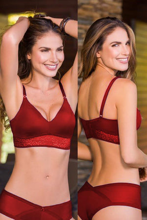 Wireless bra with extra wide base and back with lace all around