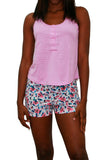 Cotton pajama set top with decorative buttons and shorts with print